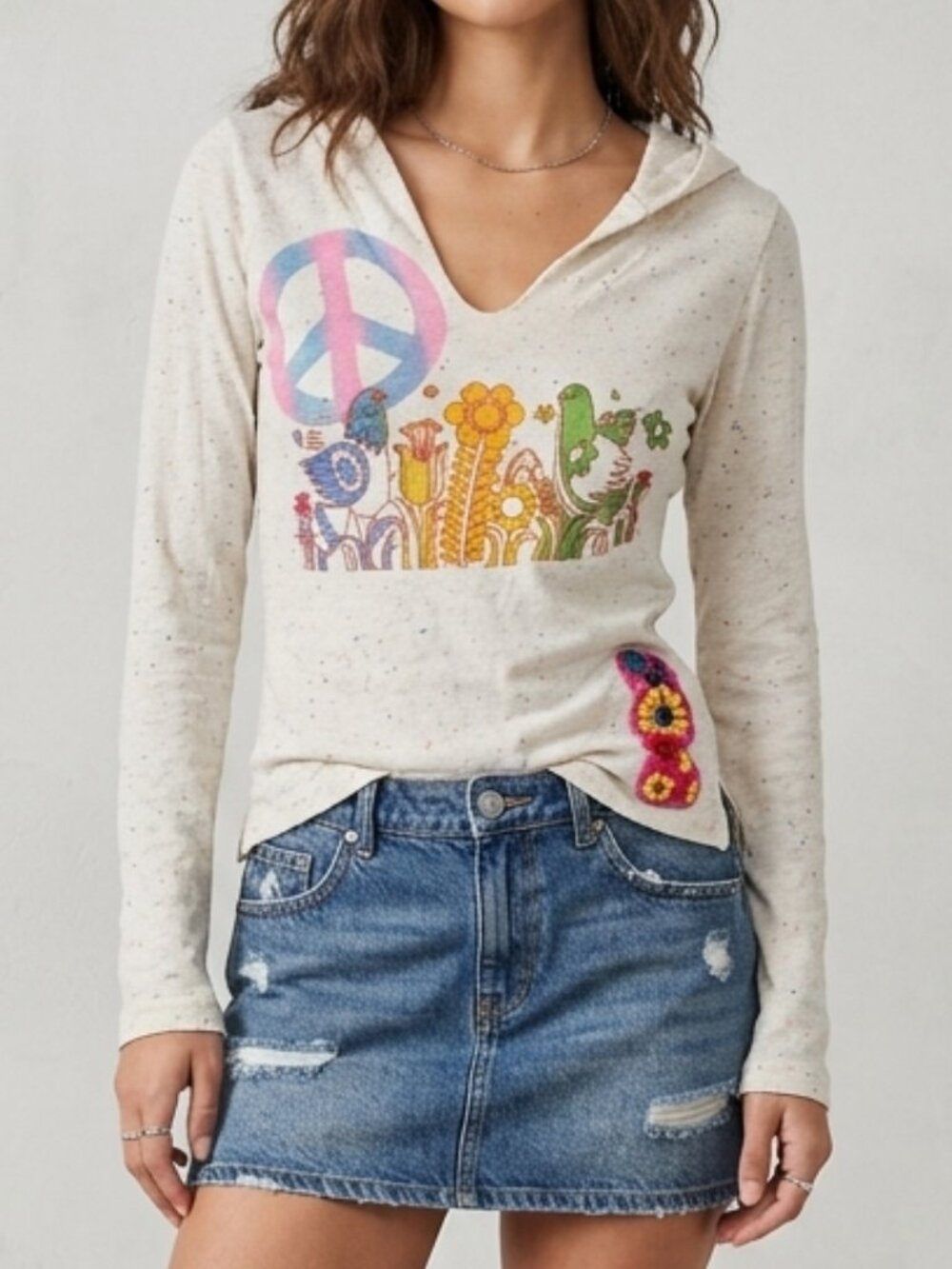 FRESH KARMA Love Peace Dove long sleeve shirt small hoodie Vintage Y2k floral